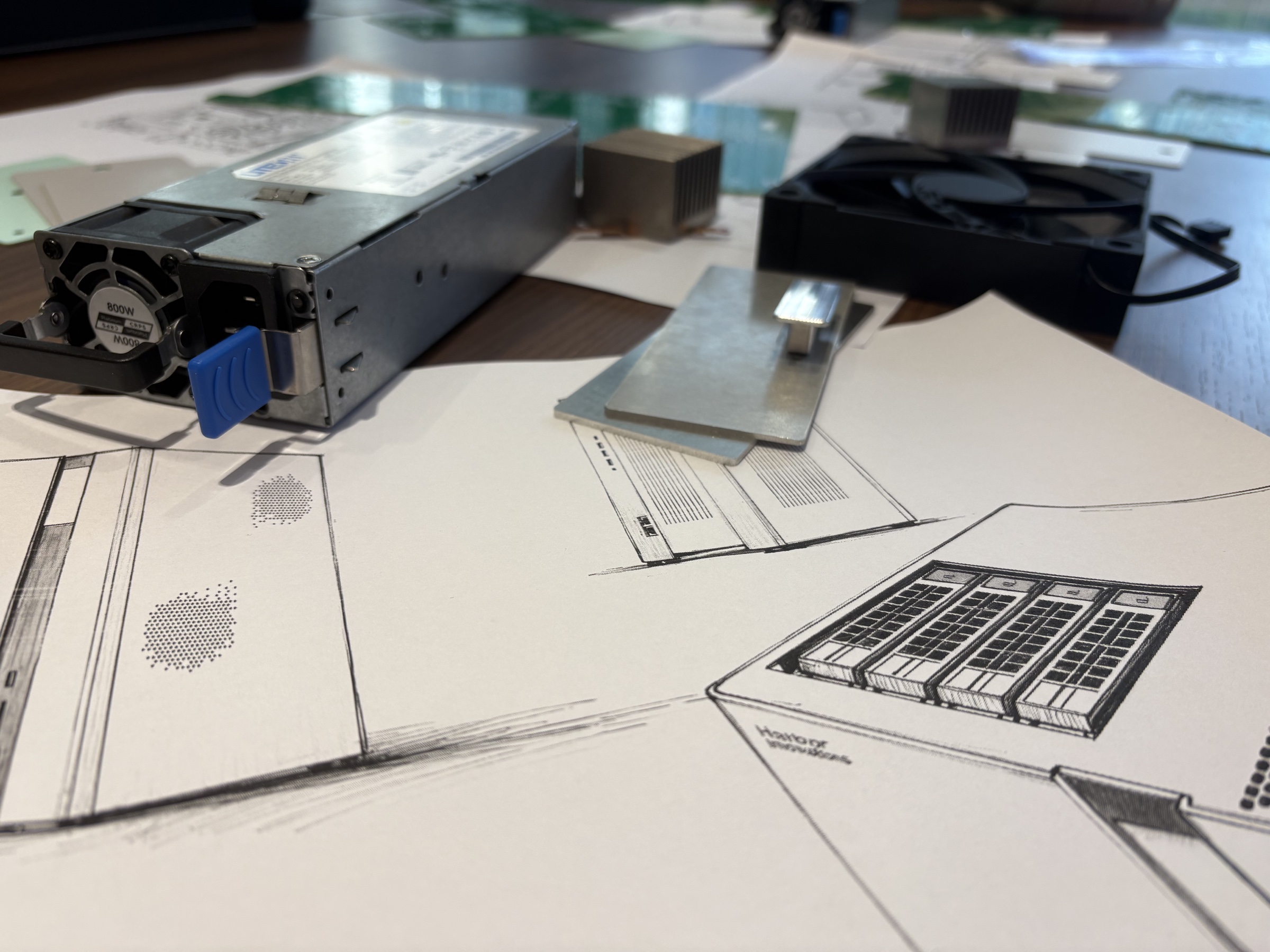 Nexus hardware components and enclosure sketches arranged during development