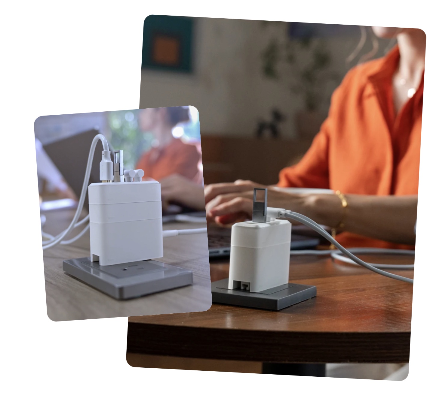 Bricbloc in use on a desk, shown as both a single module and a stacked system
