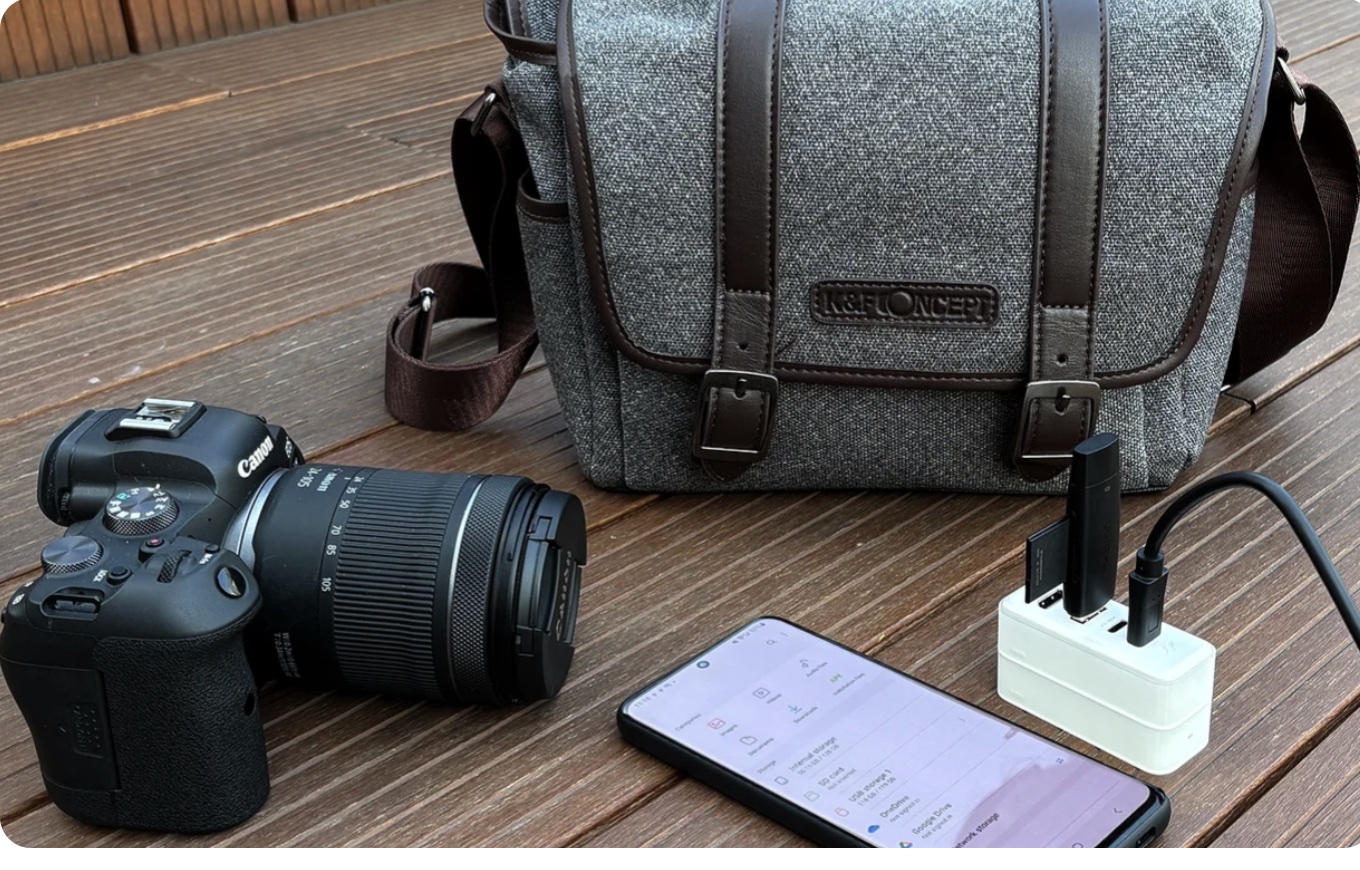 Camera equipment beside a Bricbloc field-backup setup