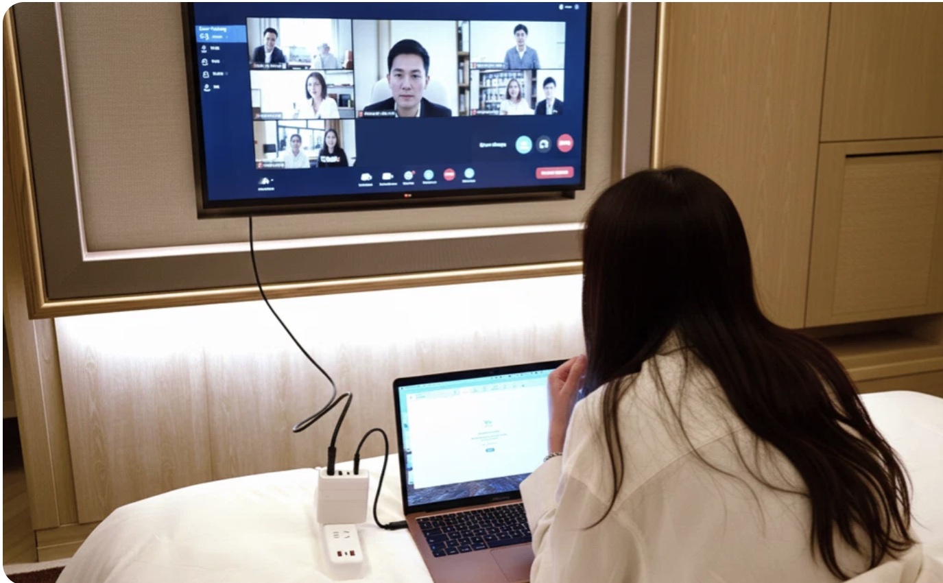 Bricbloc connecting a laptop to a hotel-room display during a video meeting