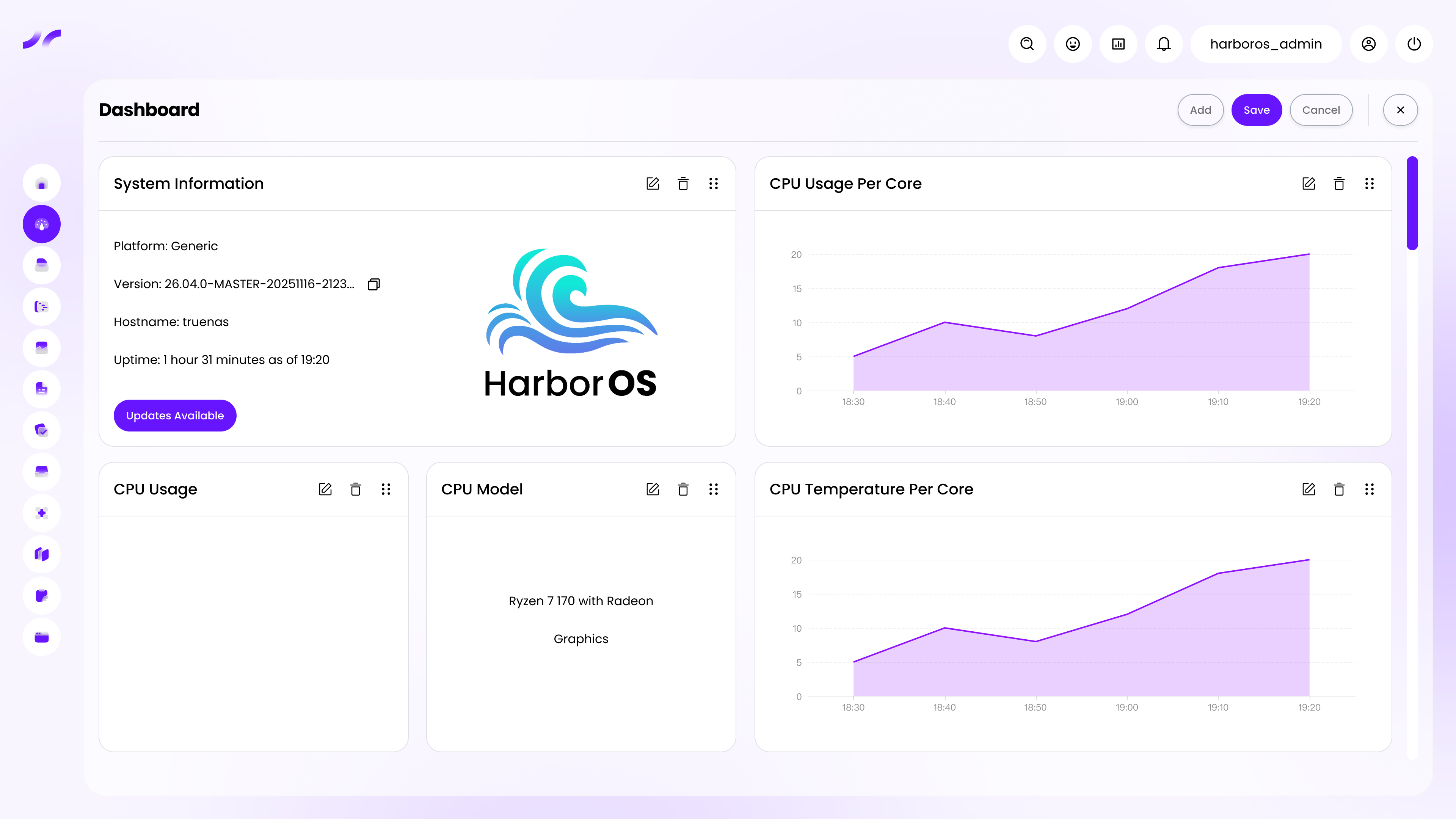 HarborOS dashboard with system information, CPU usage, and temperature monitoring