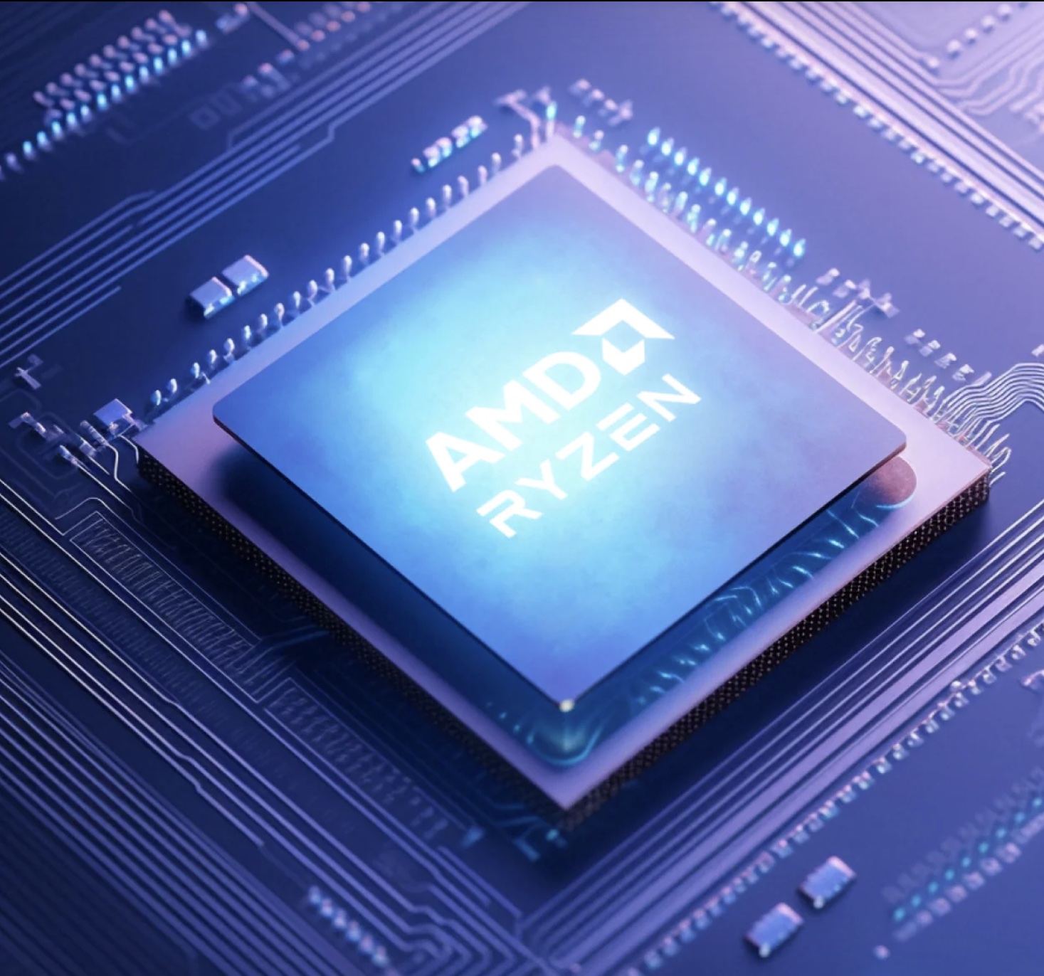 Close view of an AMD Ryzen processor on a circuit board